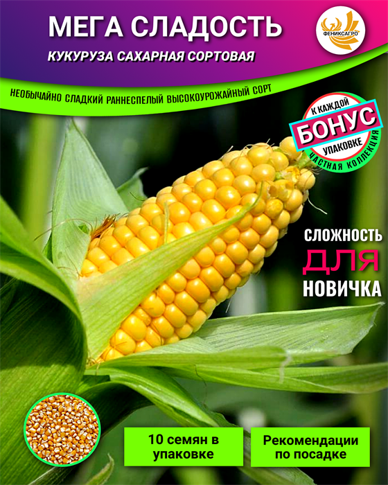 Кукуруза МЕГА СЛАДОСТЬ Сахарная семена 10шт + Бонус + Рекомендации по проращиванию 10486
